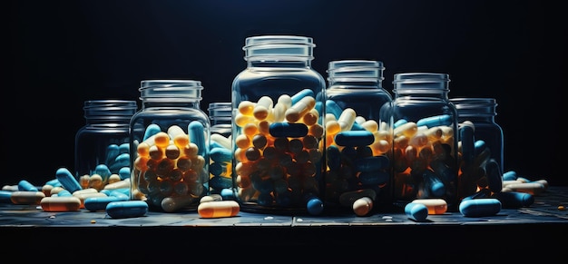 Foto verstreut aus einem glas mit pillen, kapseln, medikamenten und bunten vitaminen