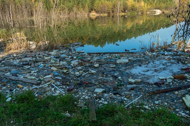 Vertedero de basura en estanque Vertedero de ciudad en el territorio del río Contaminación ambiental por desechos domésticos Desastre ecológico en países subdesarrollados Basura en el bosque y en la orilla del mar