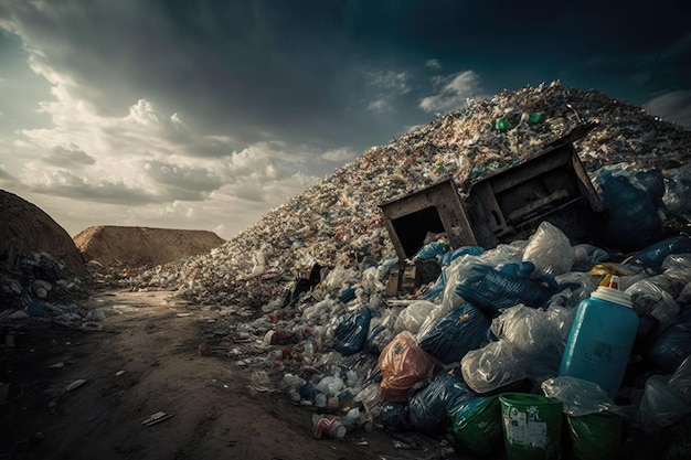 Vertedero de basura rebosante de botellas de plástico y otros desechos