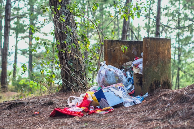 Vertedero en el parque de verano del bosque Bote de basura de hormigón desbordante Ningún control sacar la basura del vertedero Contaminación ecología concepto protección de la naturaleza