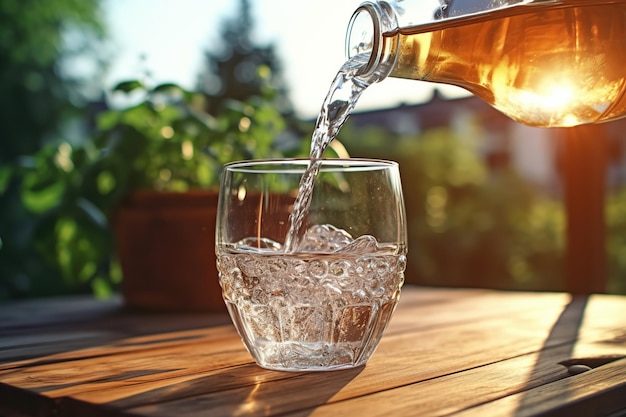 Verter agua de la botella al vaso con luz solar IA generativa