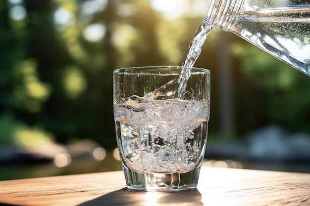 Verter agua de la botella al vaso con luz solar IA generativa