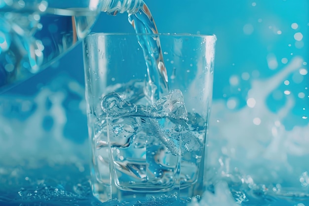 Verter agua de una botella en un vaso sobre un fondo azul