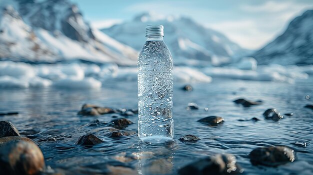 Verter agua cristalina de una botella y un vaso sobre un pico borroso cubierto de nieve en la naturaleza Generativo Ai