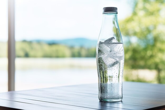 Verter agua con gas de la botella al vaso