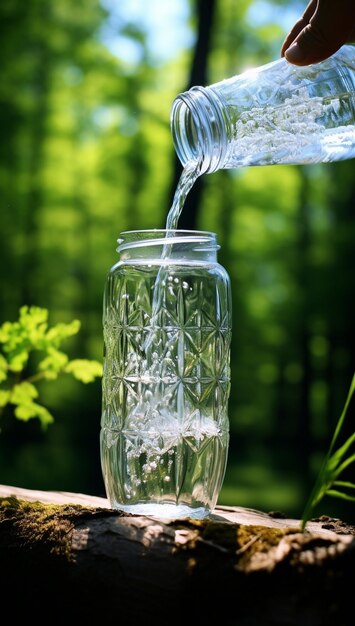 Verter agua en una jarra de vidrio en una mesa de madera en un bosque verde