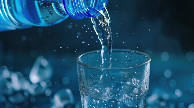 Verter agua potable limpia de una botella azul en un vaso