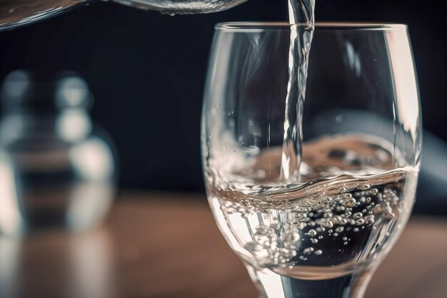 Verter agua en un vaso de agua en la mesa en la cocina IA generativa