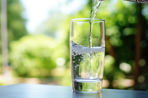 Verter el agua en un vaso contra el fondo de la naturaleza.