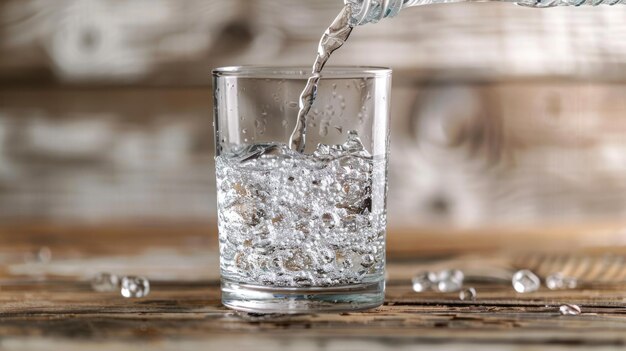 Verter agua en el vidrio sobre una superficie de madera