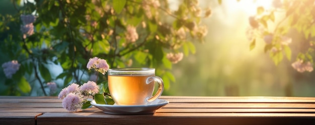 Verter la bebida de té negro en una taza de vidrio en una mesa de madera en el jardín