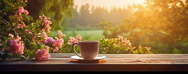 Verter la bebida de té negro en una taza de vidrio en la mesa de madera en el jardín