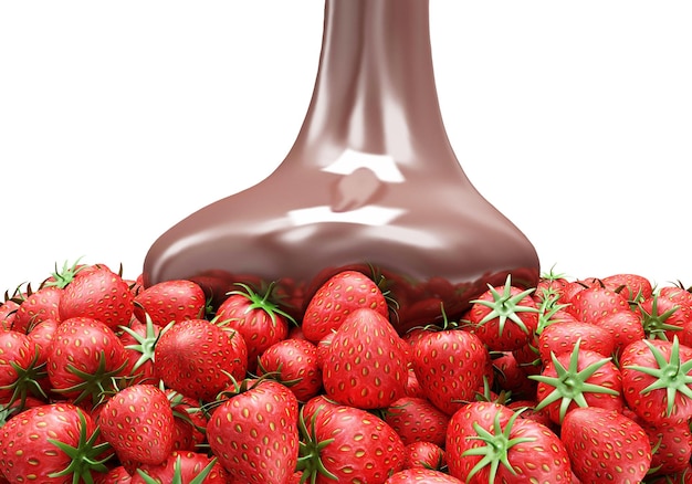 Verter chocolate sobre fresas sobre fondo blanco.