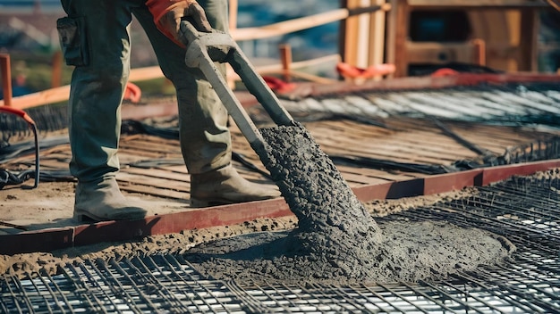 Verter concreto durante a betonagem comercial de pisos de edifícios em obras de construção