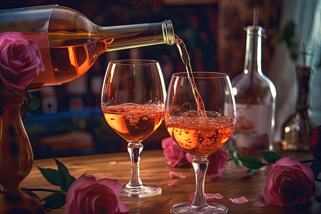 Verter dos copas de vino rosado de una botella