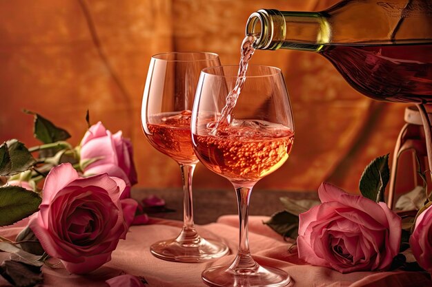Verter dos copas de vino rosado de una botella