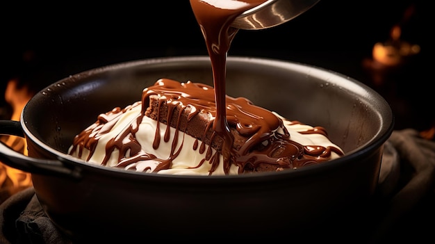 Foto verter gelado de chocolate em molho quente