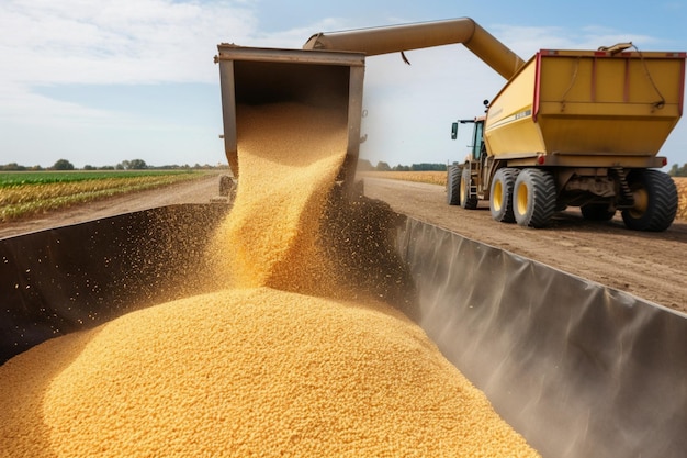 Verter el grano de maíz en el remolque del tractor después de la cosecha en el campo