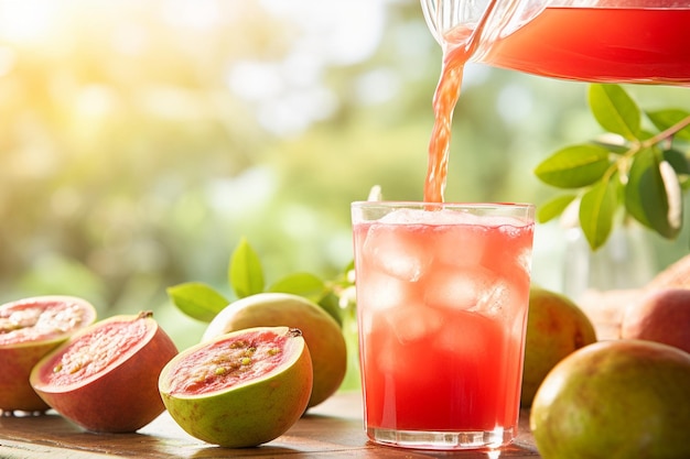 Foto verter jugo de guayaba de una jarra en un vaso con una rebanada de guayabé en el borde