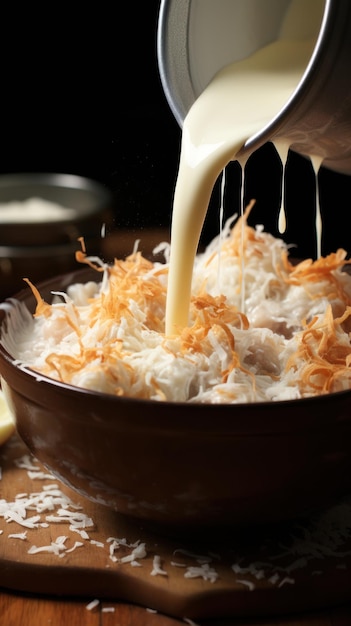 Verter leche de coco en una olla con curry UHD fondo de pantalla