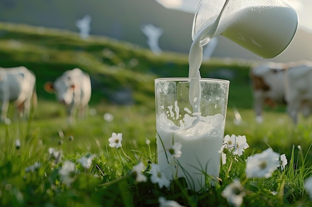 Verter leche fresca de la jarra en el vaso con el campo de hierba y las vacas de fondo