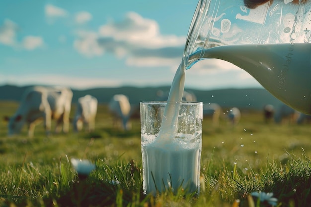 Verter leche fresca de la jarra en el vaso con el campo de hierba y las vacas de fondo