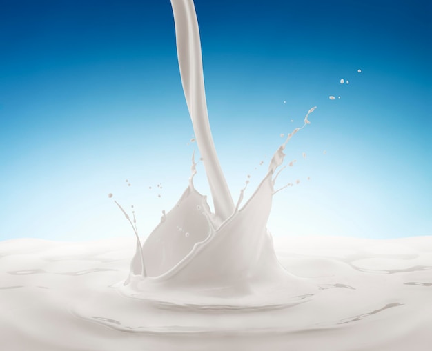 Verter la leche salpicando con fondo azul.