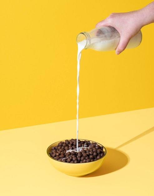 Verter la leche en el tazón de cereales Tazón de cereales con chocolate y leche