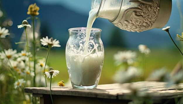 Verter leche en un vaso en medio de la naturaleza