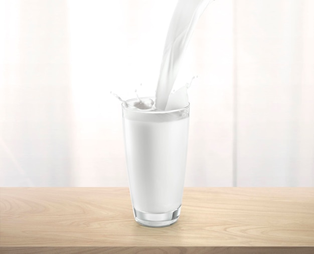 Verter la leche en un vaso de vidrio con salpicaduras en la mesa de madera