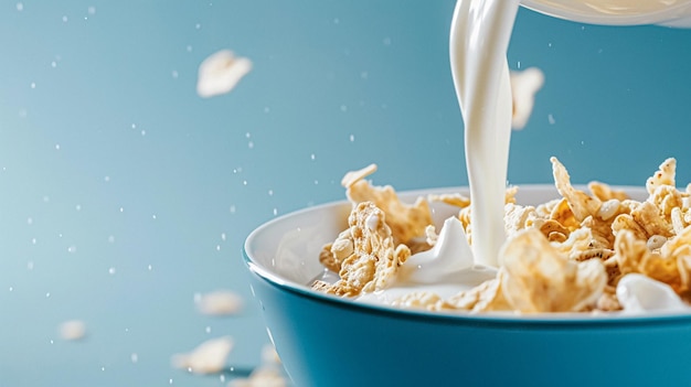 Foto verter leite fresco em uma tigela de cereais em fundo azul em uma manhã ensolarada para o café da manhã