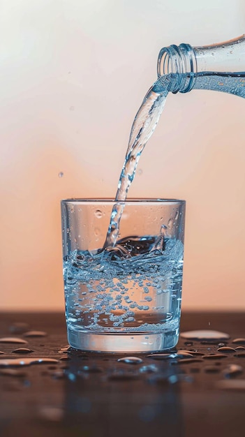 Verter perfeição Água potável elegantamente derrama de garrafa para copo Papel de parede móvel vertical