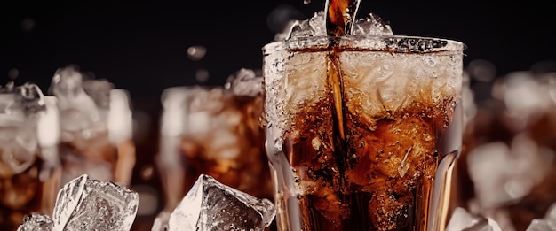 Verter refrescos de Cola y Ice Cola y hielo salpicando burbujeante o flotando hasta la parte superior de la superficie