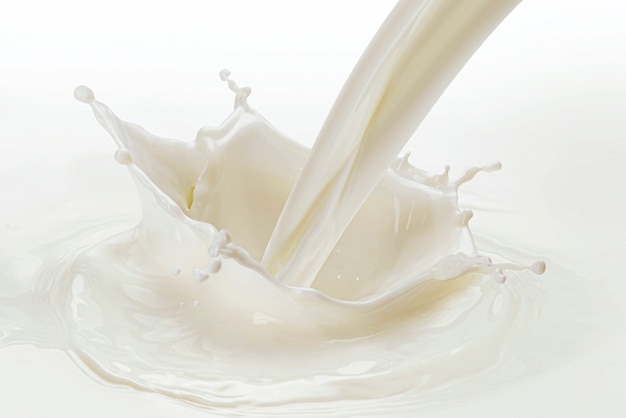 Verter salpicaduras de leche sobre fondo blanco.
