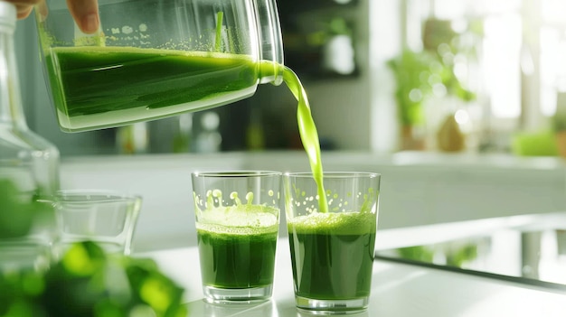 Verter suco de desintoxicação verde fresco num copo na cozinha