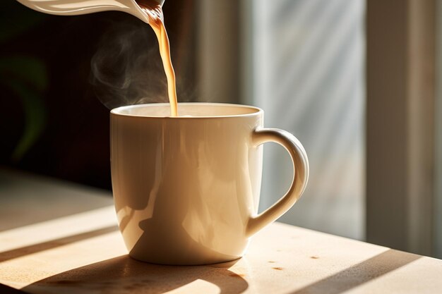 Foto verter té caliente de una tetera en una taza una taza en un mostrador blanco ia generativa