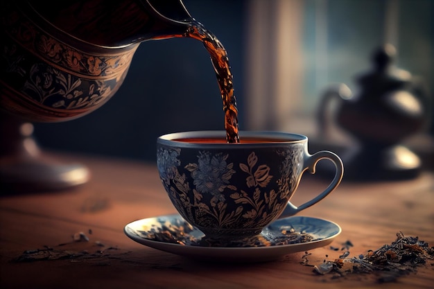 Verter té inglés Earl Grey en una taza de café generativa ai