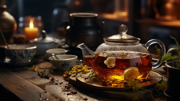 Verter té en una taza de té con una tetera