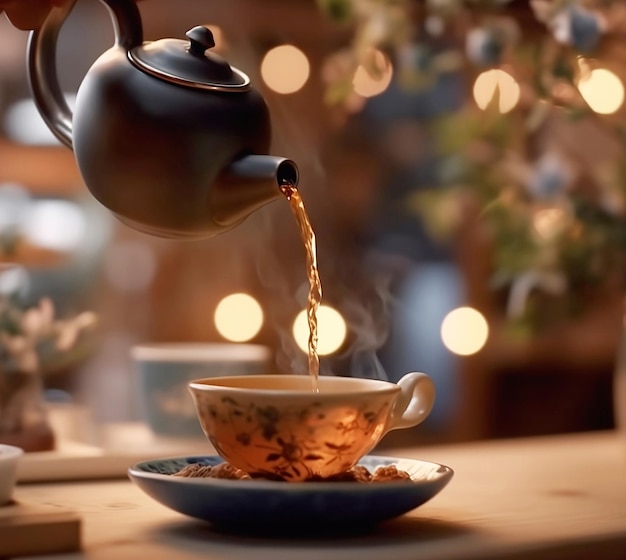 Verter el té de la tetera en la taza de porcelana