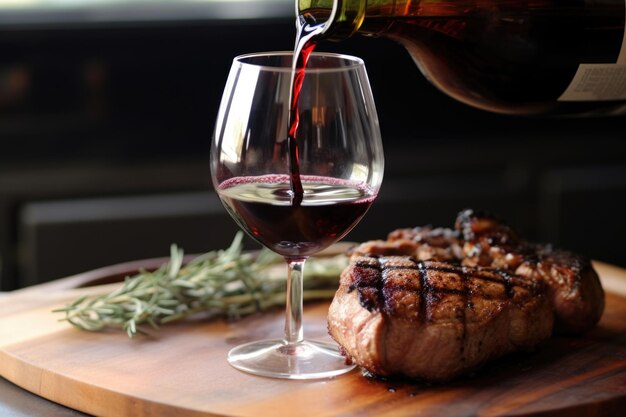 Verter un vaso de vino tinto junto a una chuleta de cerdo a la parrilla