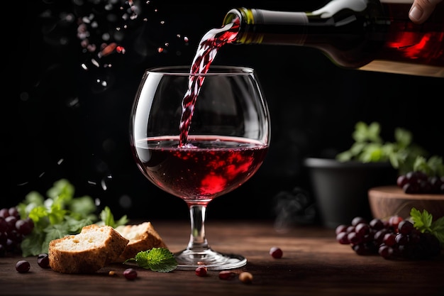 Verter vinho vermelho no copo em fundo preto foto promocional comercial