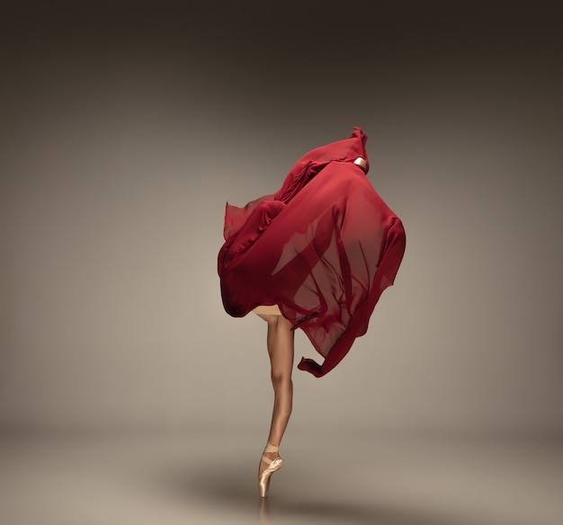 Verter vino. Elegante bailarina clásica bailando sobre fondo gris de estudio. Paño rojo tierno. El concepto de gracia, artista, movimiento, acción y movimiento. Parece ingrávido, flexible. Estilo de moda.