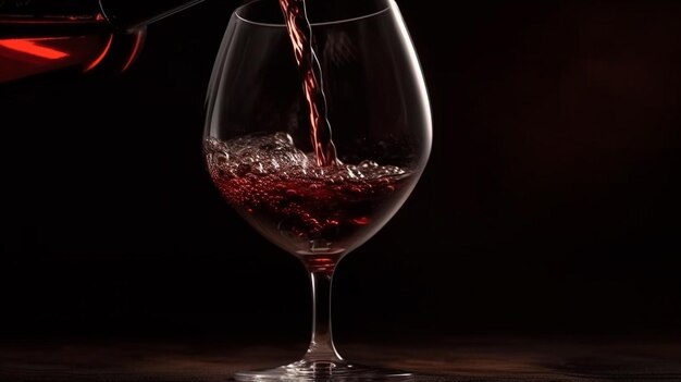 Verter vino tinto en una copa de vino sobre un fondo oscuro generativo ai