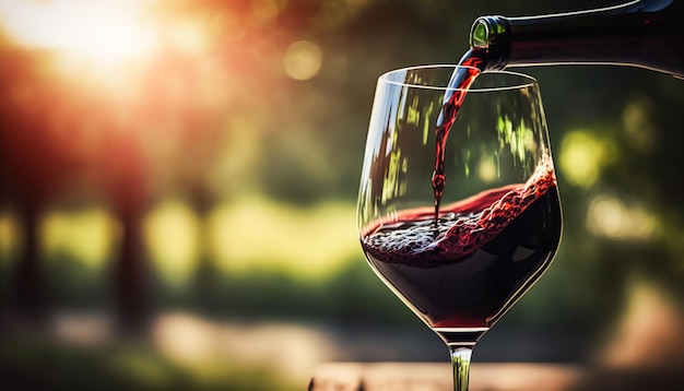 Verter vino tinto de lujo en la copa en la soleada campiña bodega de degustación de vinos y elaboración de vino viticultura generativa Ai
