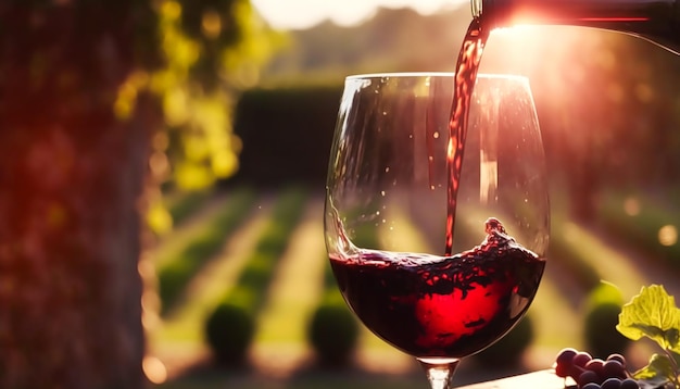 Verter vino tinto de lujo en la copa en la soleada campiña bodega de degustación de vinos y elaboración de vino viticultura generativa Ai