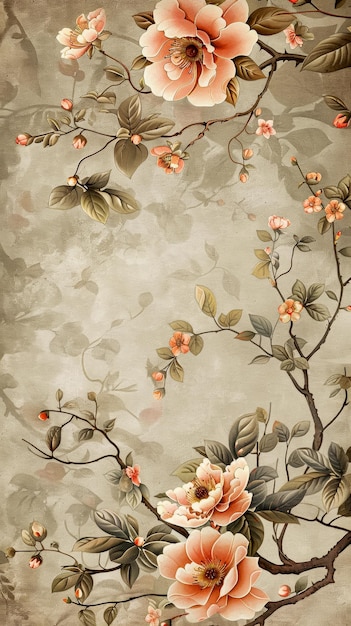 Vertical chinoiserie papel de parede floral belo design orgânico para decoração de espaço e design de impressão
