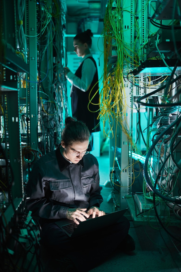 Foto vertical de joven técnico configurando una red informática en la sala de servidores