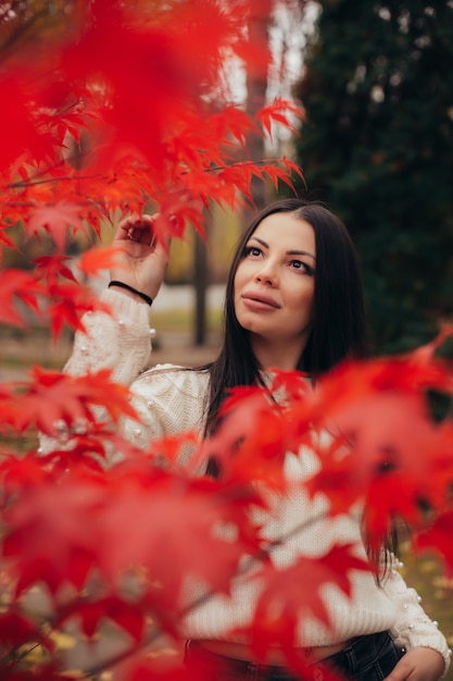 Vertical retrato de una dulce mujer joven en un parque de otoño.