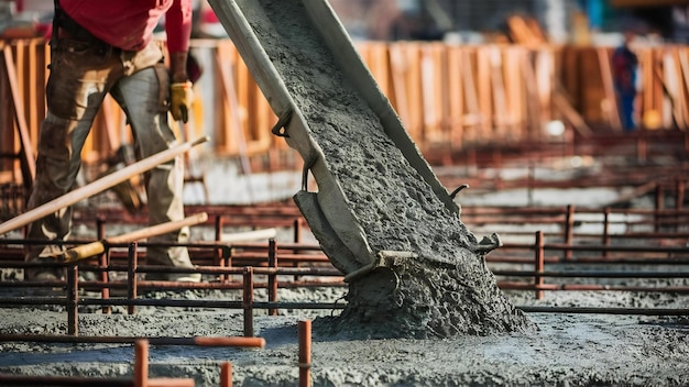 Vertido de hormigón durante el hormonado comercial de los pisos de los edificios en el sitio de construcción