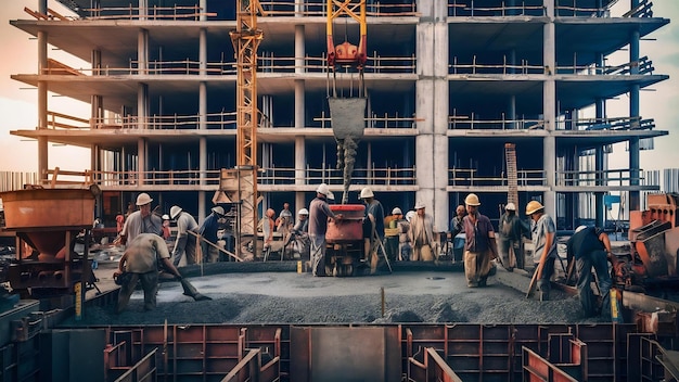 Foto vertido de hormigón durante el hormonado comercial de los pisos de los edificios en el sitio de construcción